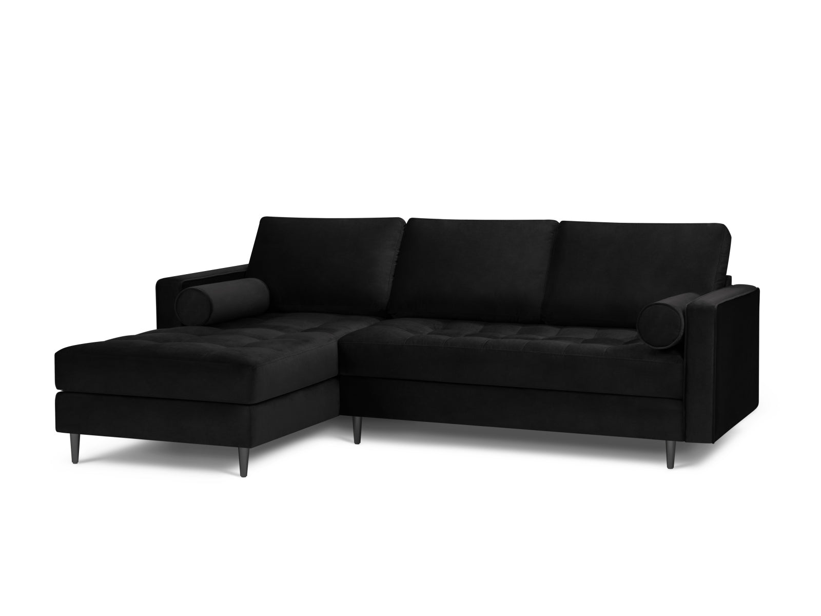 Elegantes 4-Sitzer Ecksofa links Aspen in stilvollem Schwarz, ideal für moderne Wohnräume, präsentiert von Cosmopolitan Design.