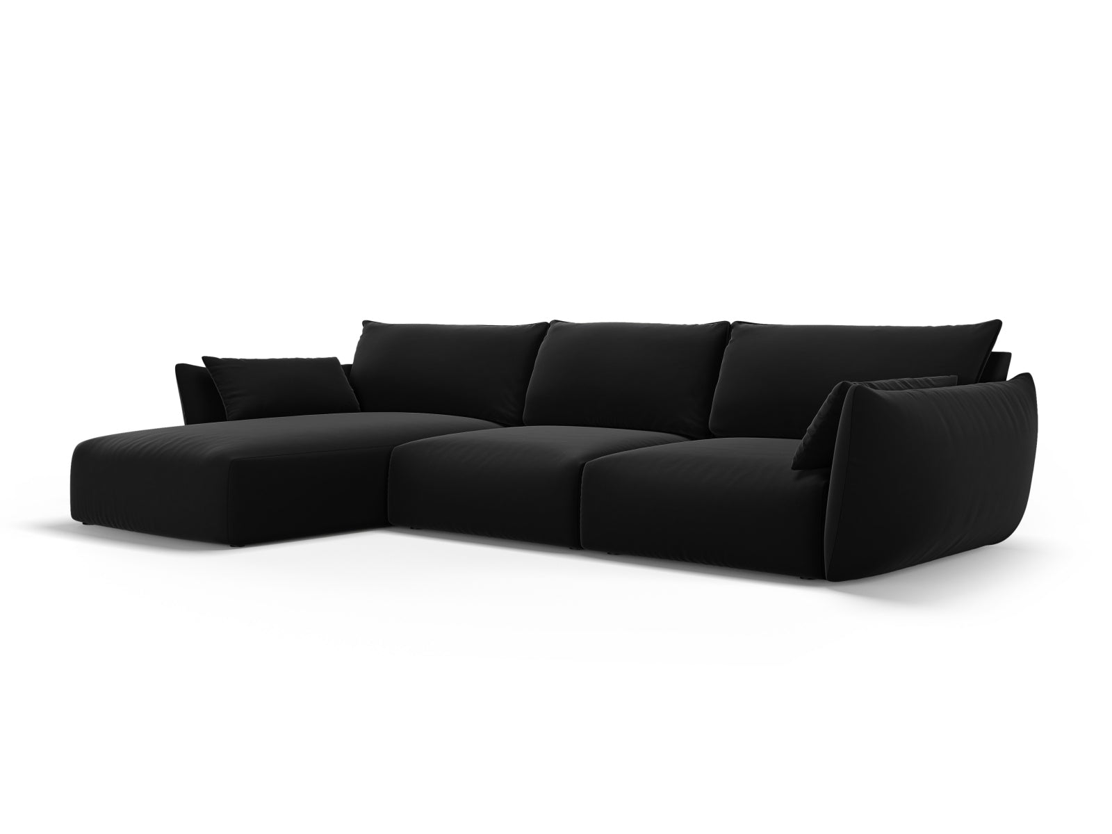 Elegantes 4-Sitzer Ecksofa links Matera in stilvollem Schwarz, ideal für moderne Wohnräume, präsentiert von Cosmopolitan Design.