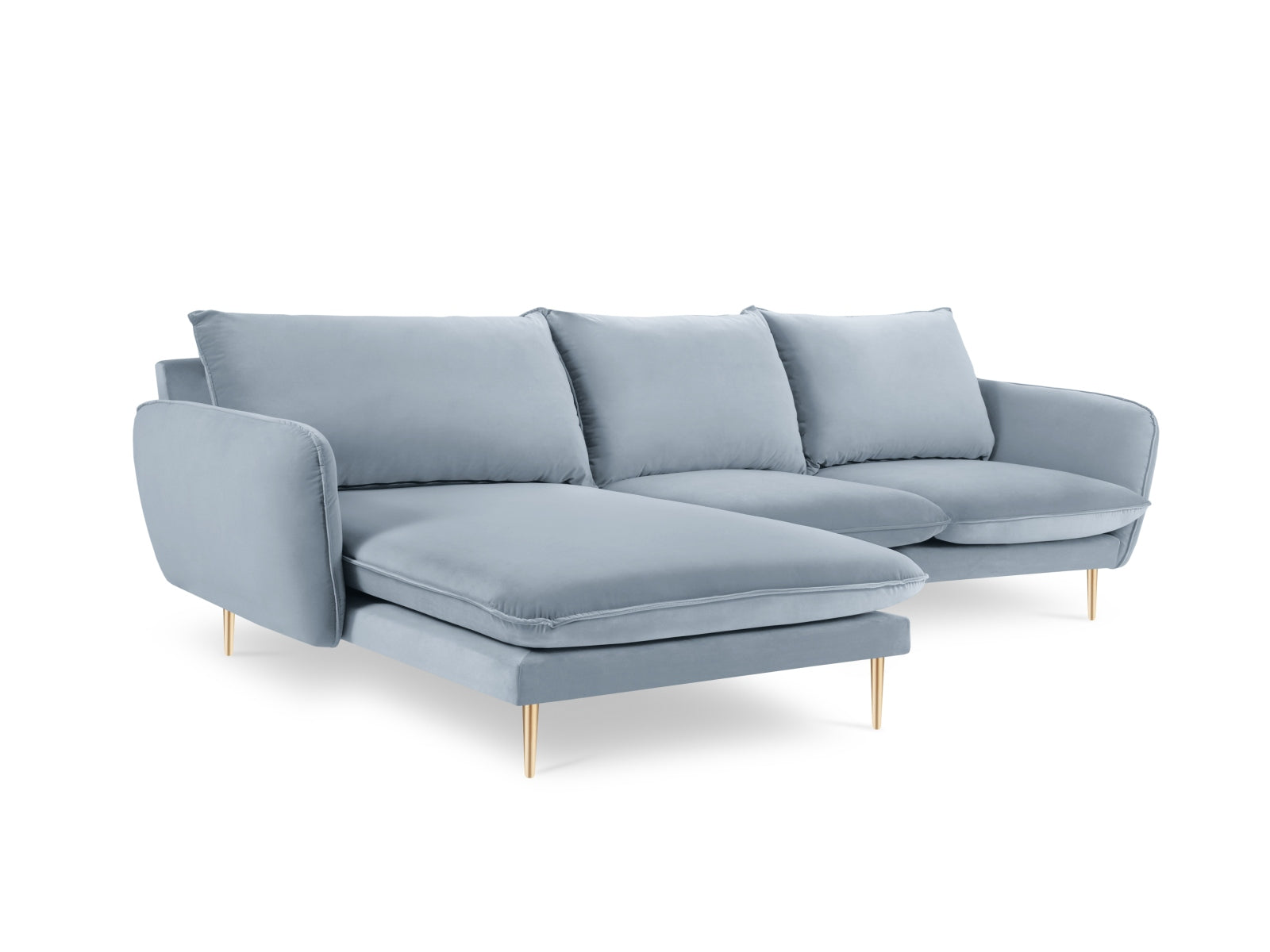 Stylisches 5-Sitzer Ecksofa links in zartem Hellblau, perfekt für gemütliche Wohnzimmer und moderne Einrichtung.