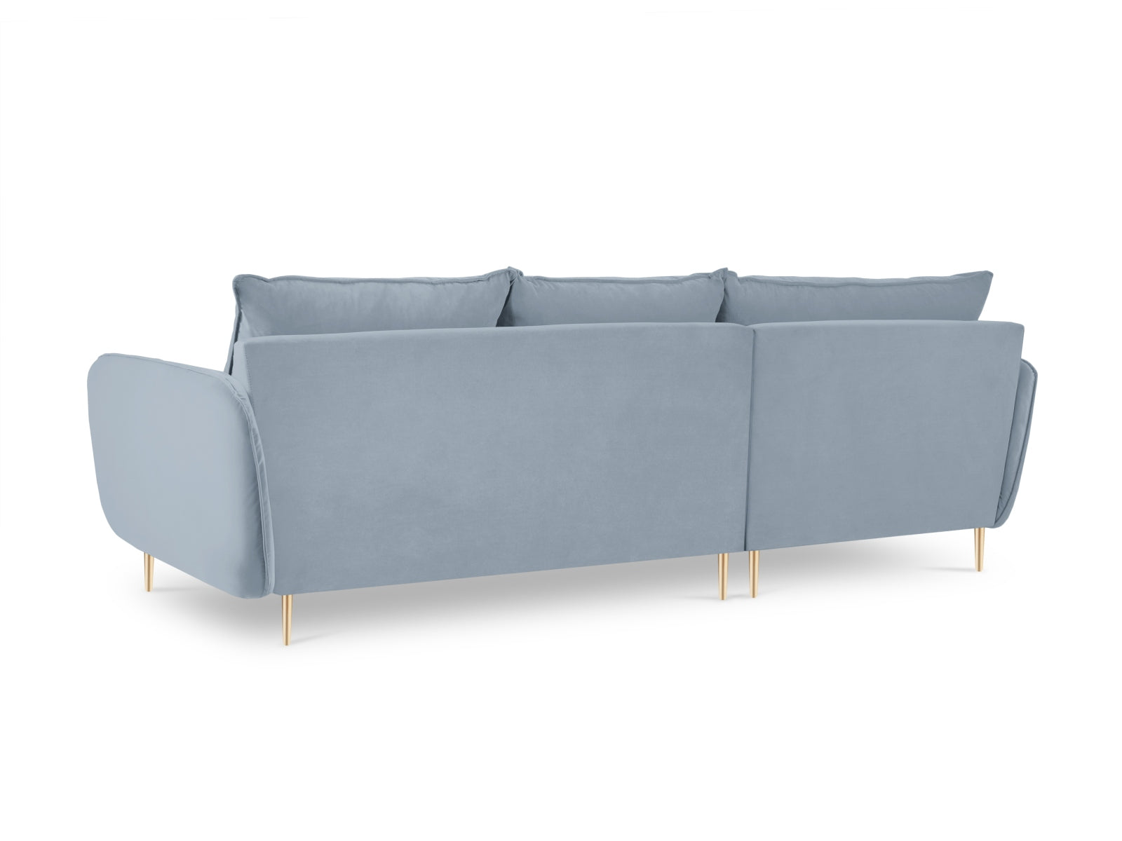 Elegantes 5-Sitzer Velour Ecksofa links in sanftem Hellblau, ideal für stilvolle Wohnräume und zeitgemäße Inneneinrichtung.