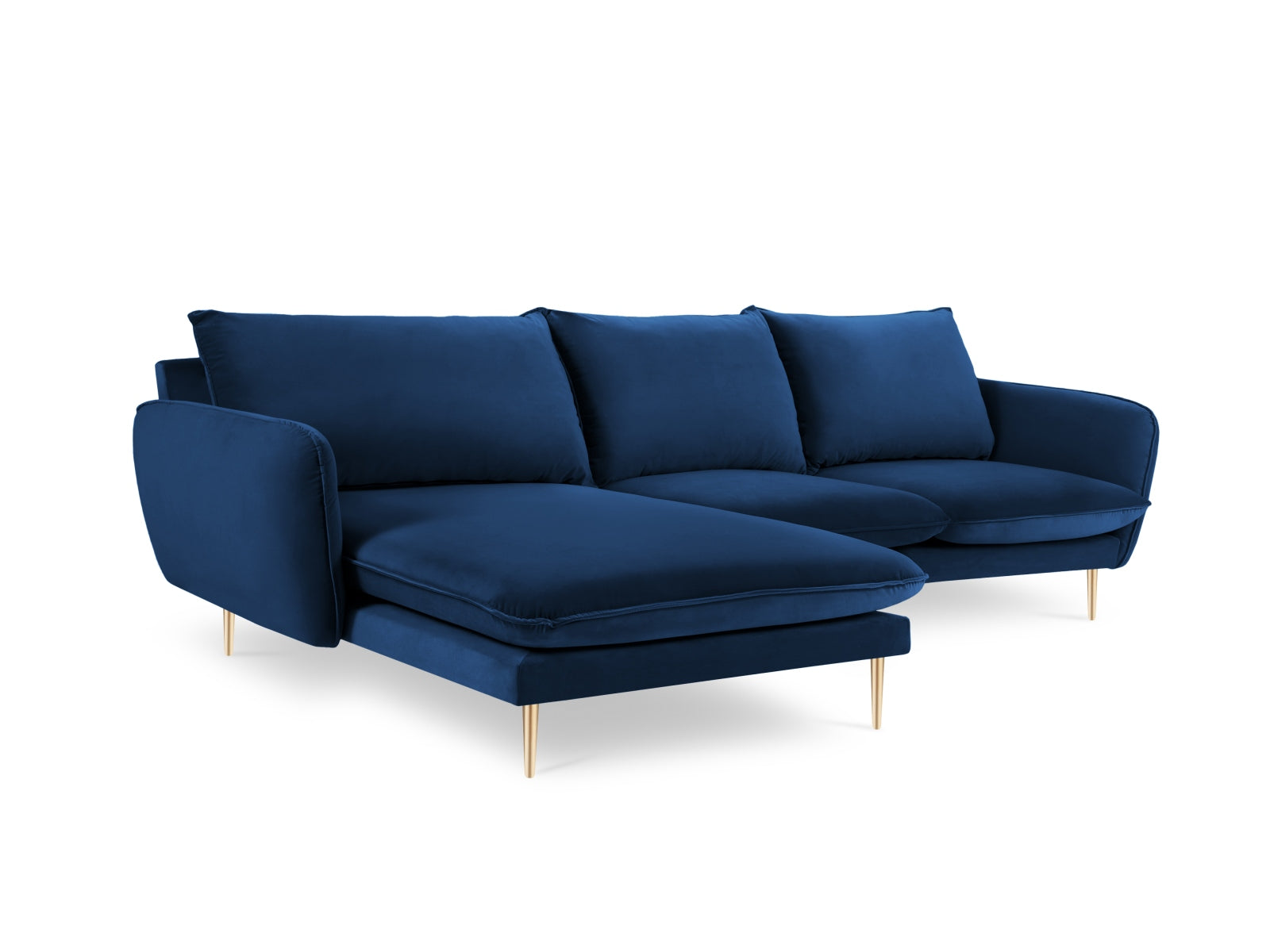 Modernes 5-Sitzer Ecksofa links in Royal Blue aus Velours, 170 cm, perfekt für gemütliche und stilvolle Wohnambiente.