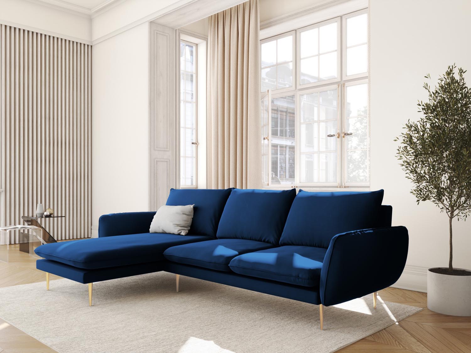 Elegantes Vienna Velour Ecksofa links in Royal Blue, 5-Sitzer mit 170 cm, ideal für stilvolle Wohnräume.