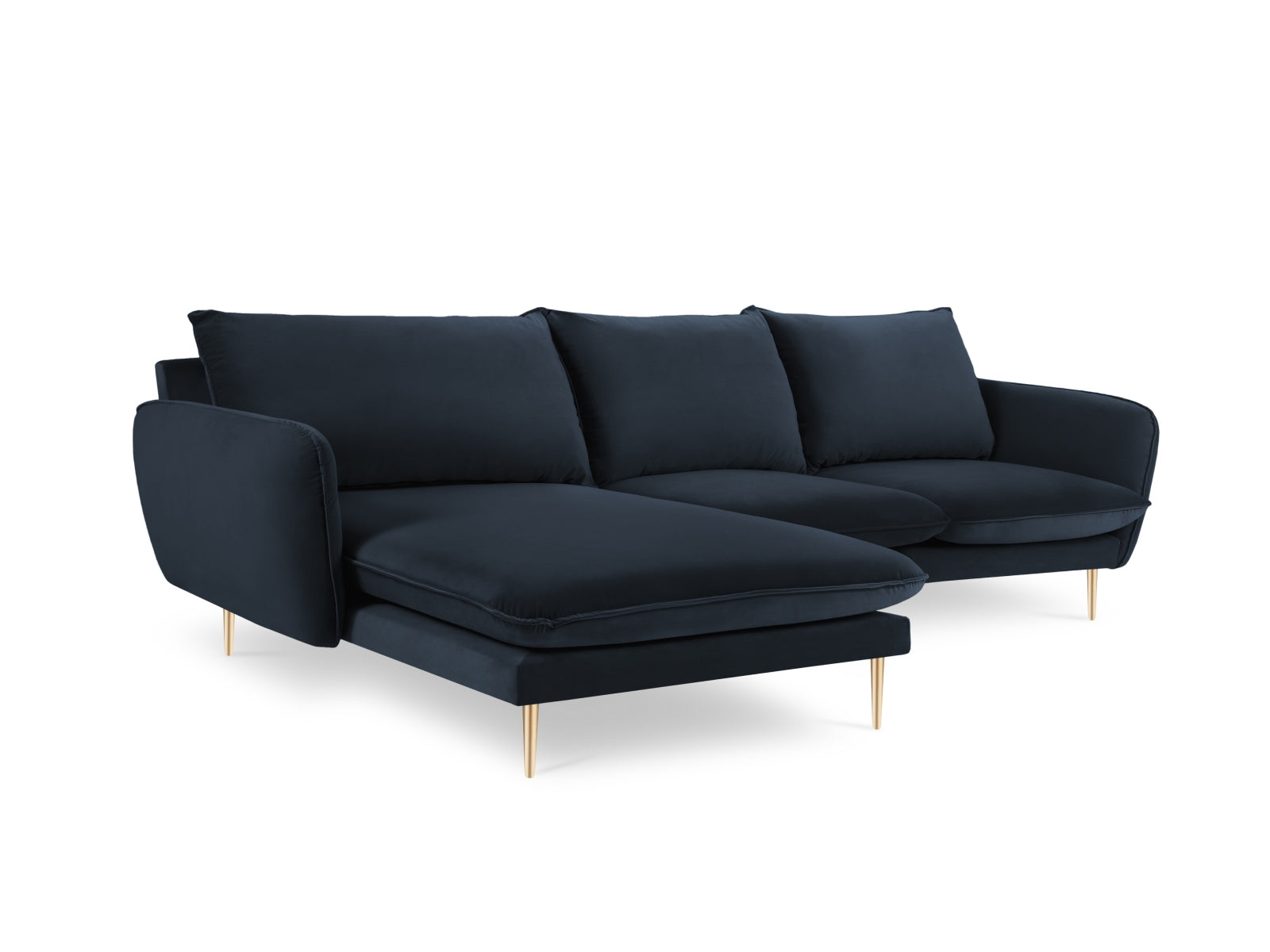 Modernes Ecksofa in Dunkelblau mit luxuriösem Velourbezug und goldenen Details, perfekt für gemütliche und stilvolle Wohnzimmer. 5-Sitzer.