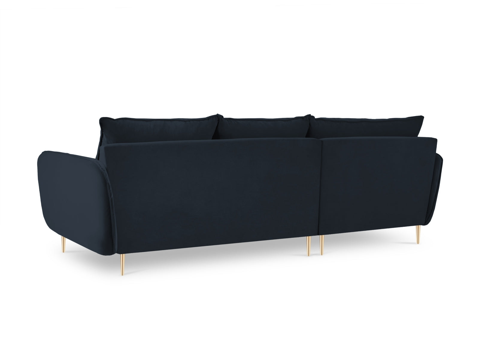 Elegantes, dunkelblaues 5-Sitzer Ecksofa mit weichem Velourbezug und goldenen Akzenten, ideal für stilvolle Wohnräume.