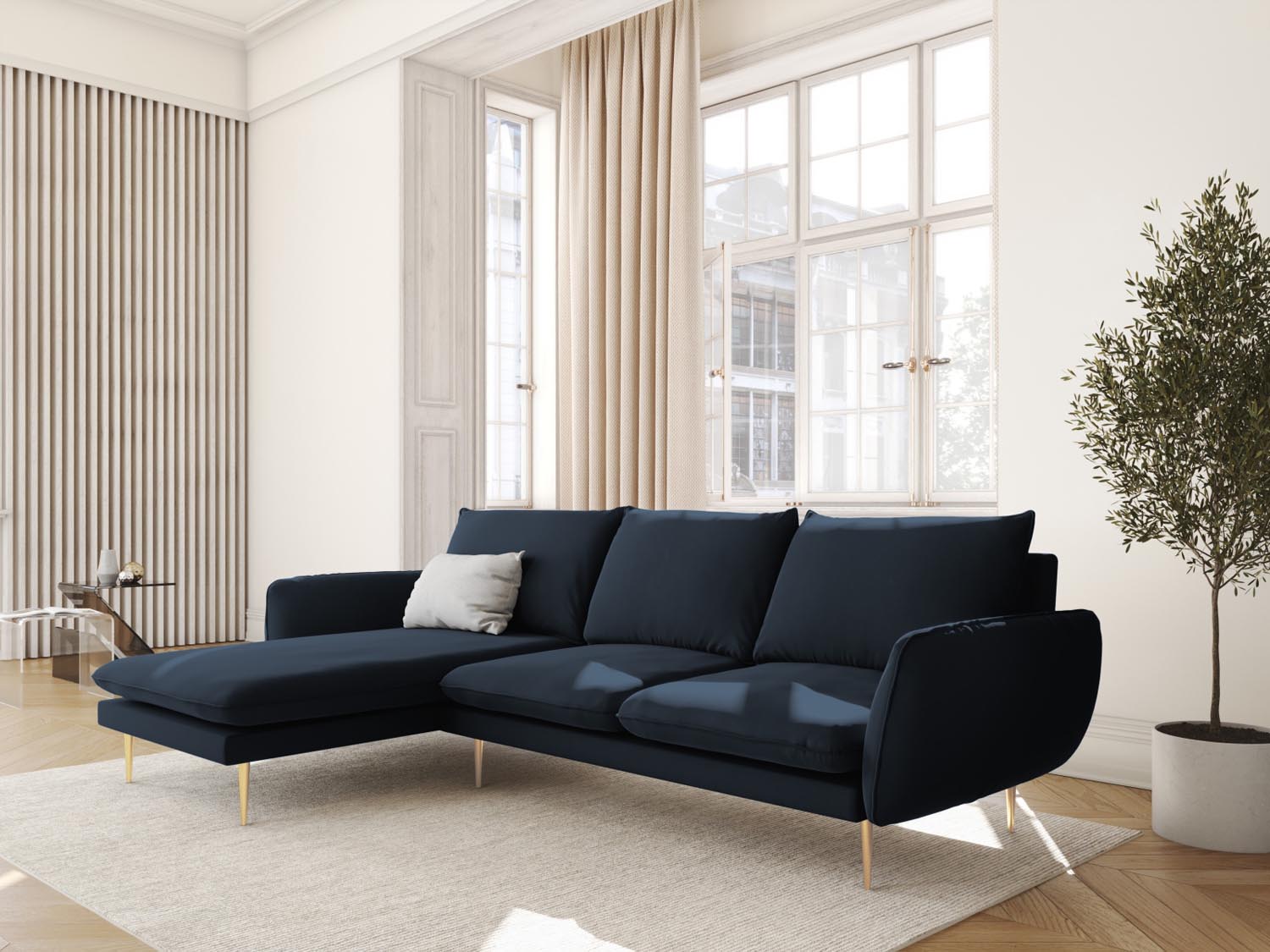 Elegantes Vienna Velour Ecksofa links in Dunkelblau mit goldenen Akzenten, ideal für stilvolle Wohnräume. 5-Sitzer mit 170 cm.