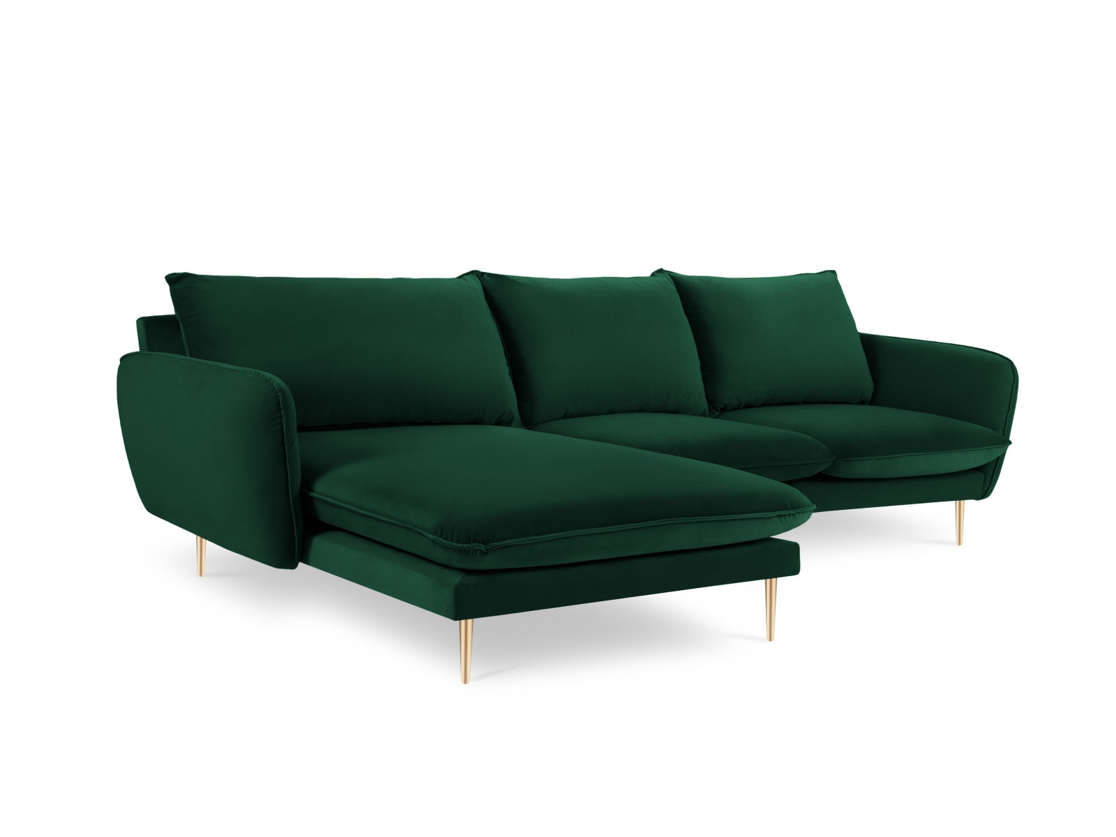 Luxuriöses 5-Sitzer Ecksofa in Bottle Green, linksseitig, aus weichem Velours für ein modernes Wohnambiente.
