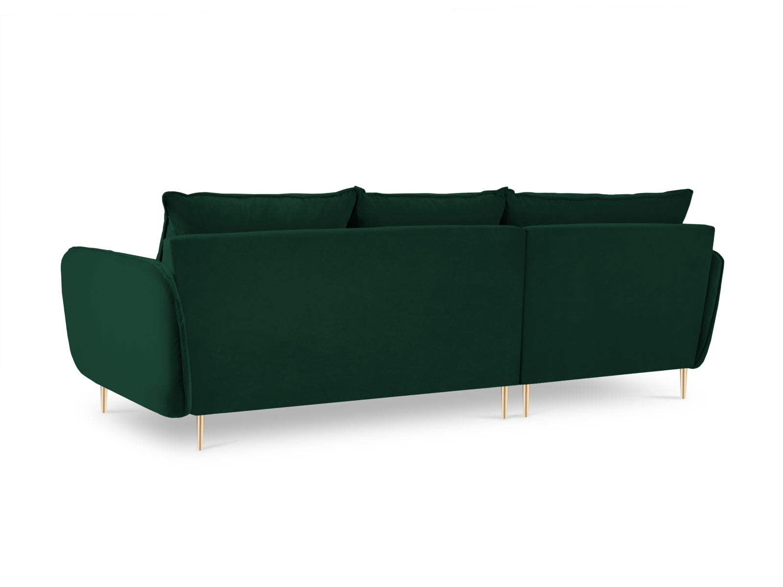 Elegantes linksseitiges Ecksofa in sattem Flaschengrün, 5-Sitzer, aus hochwertigem Velours für stilvolle Wohnräume.