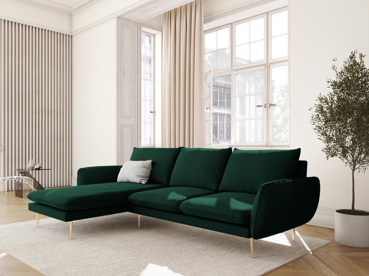 Elegantes Vienna Velour Ecksofa links in Bottle Green, 5-Sitzer mit 170 cm, stilvoll und modern für Ihr Wohnzimmer.