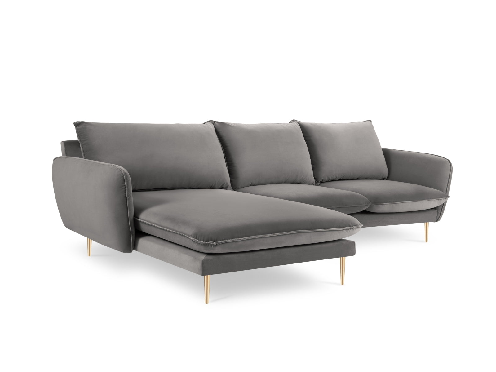 Stylisches 5-Sitzer Ecksofa Vienna Velour links in sanftem Grau mit goldenen Akzenten, perfekt für gemütliche und moderne Wohnräume.