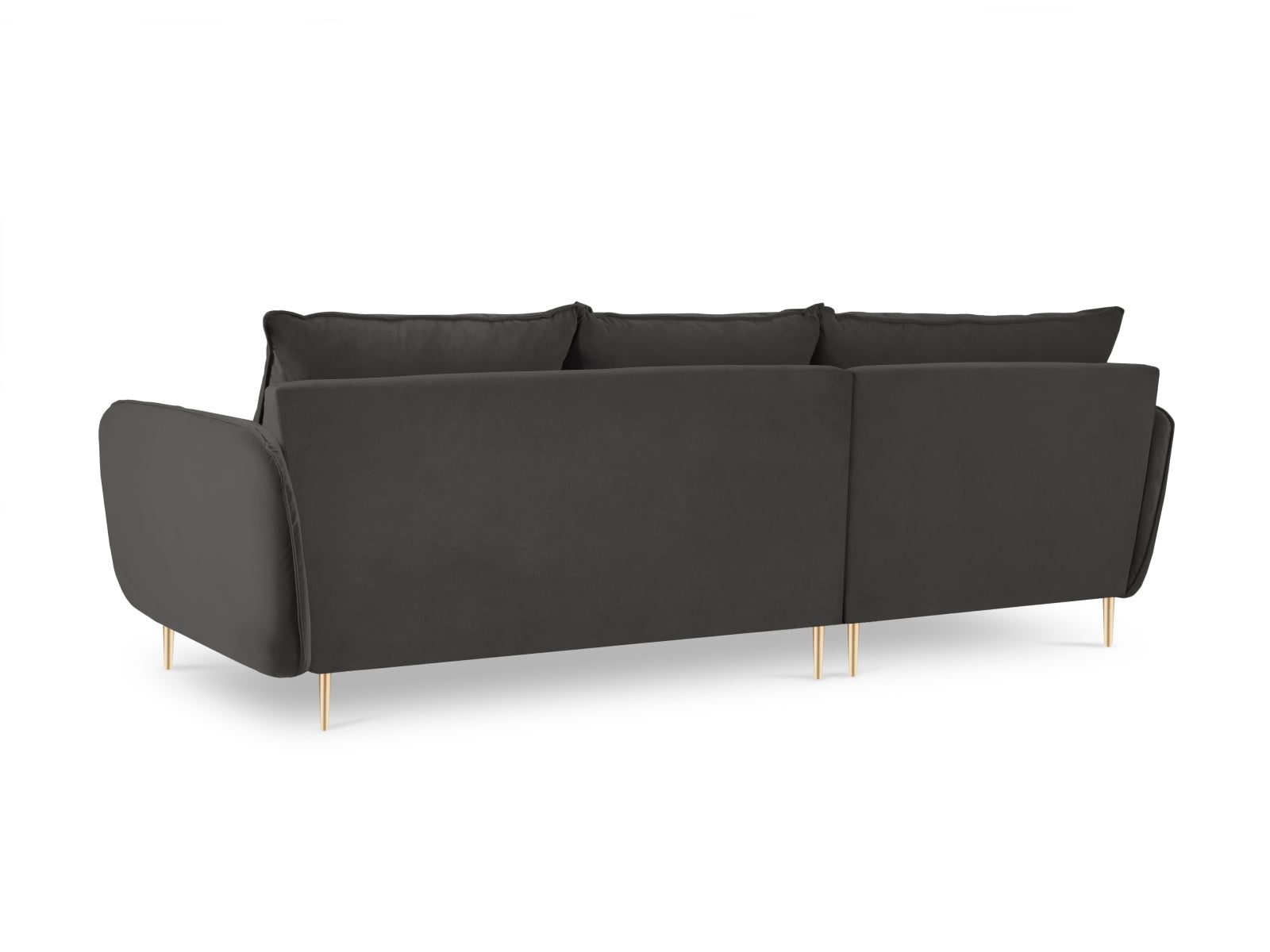 Elegantes 5-Sitzer Ecksofa in edlem Dunkelgrau mit weichem Velourbezug, linksseitig, ideal für gemütliche Abende und modernes Wohndesign.