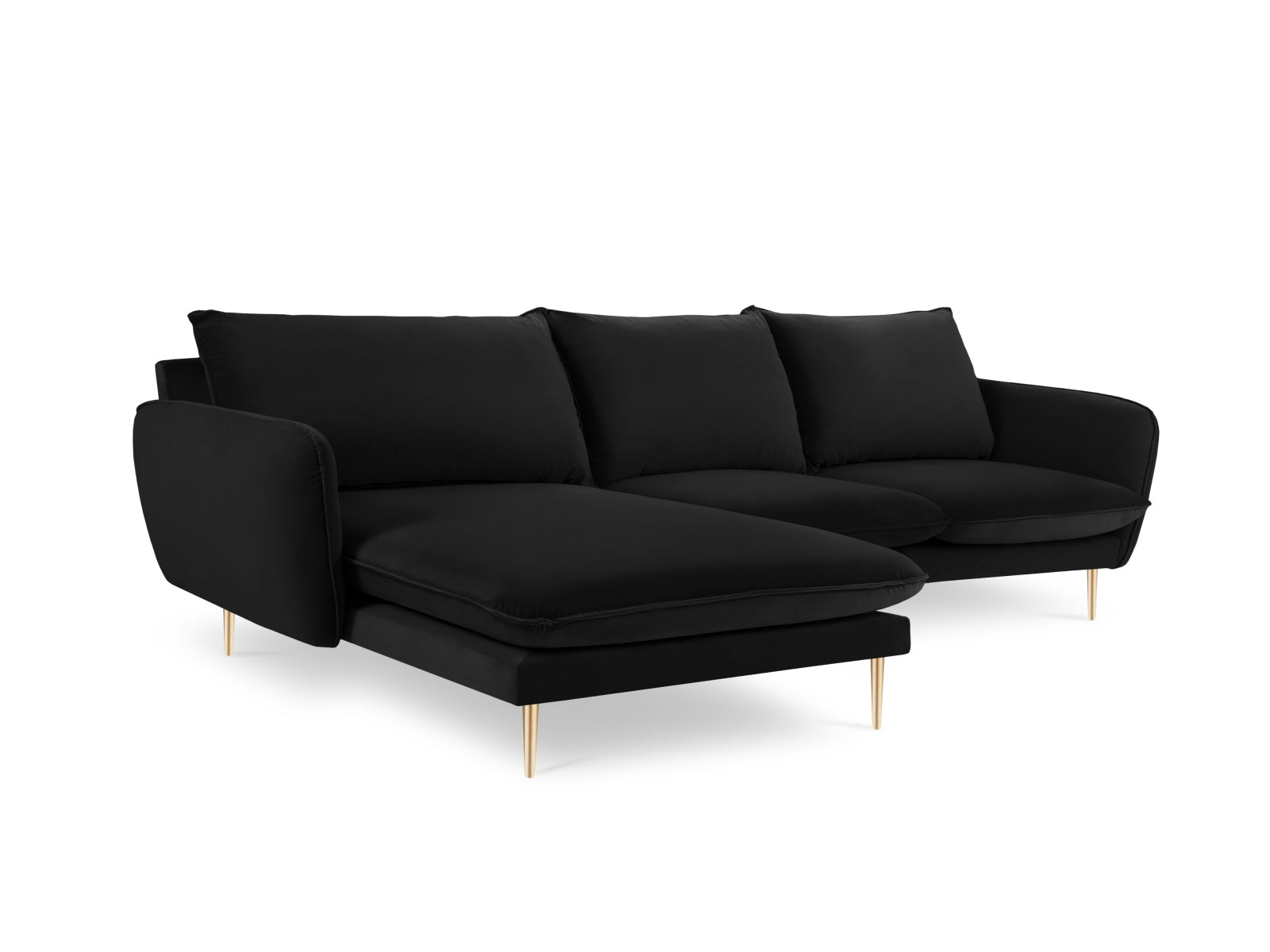 Luxuriöses 5-Sitzer Ecksofa in schwarzem Velours, linksseitig, mit goldenen Details – perfekt für stilvolle Wohnzimmer.