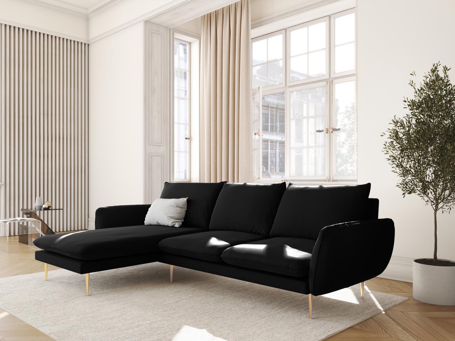 Elegantes Vienna Velour Ecksofa links in stilvollem Schwarz mit goldenen Akzenten, ideal für moderne Wohnräume.
