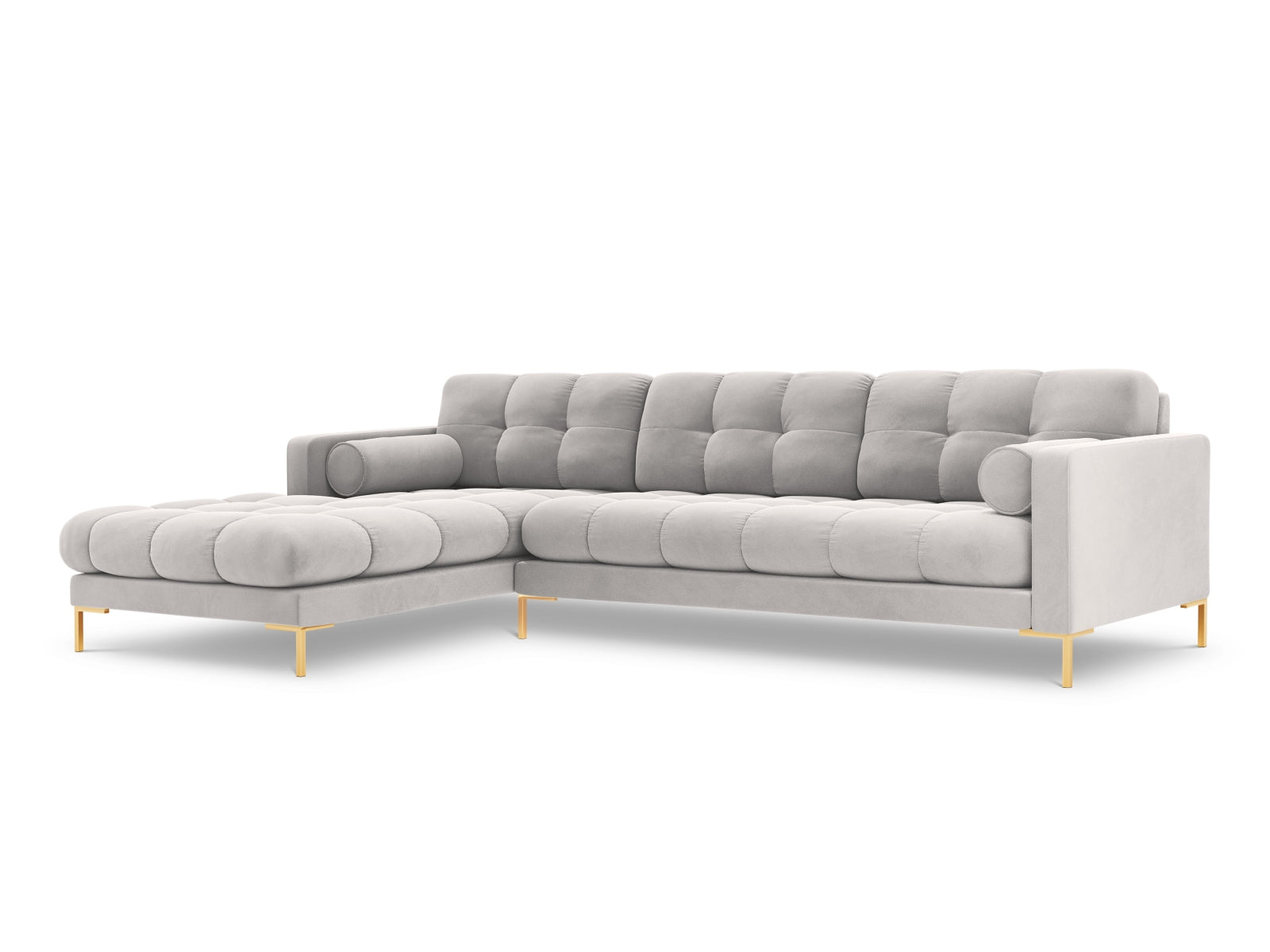 Modernes 5-Sitzer Ecksofa links Bali in edlem Silver-Bluvel, perfekt für entspannte Stunden und geschmackvolle Wohnräume.
