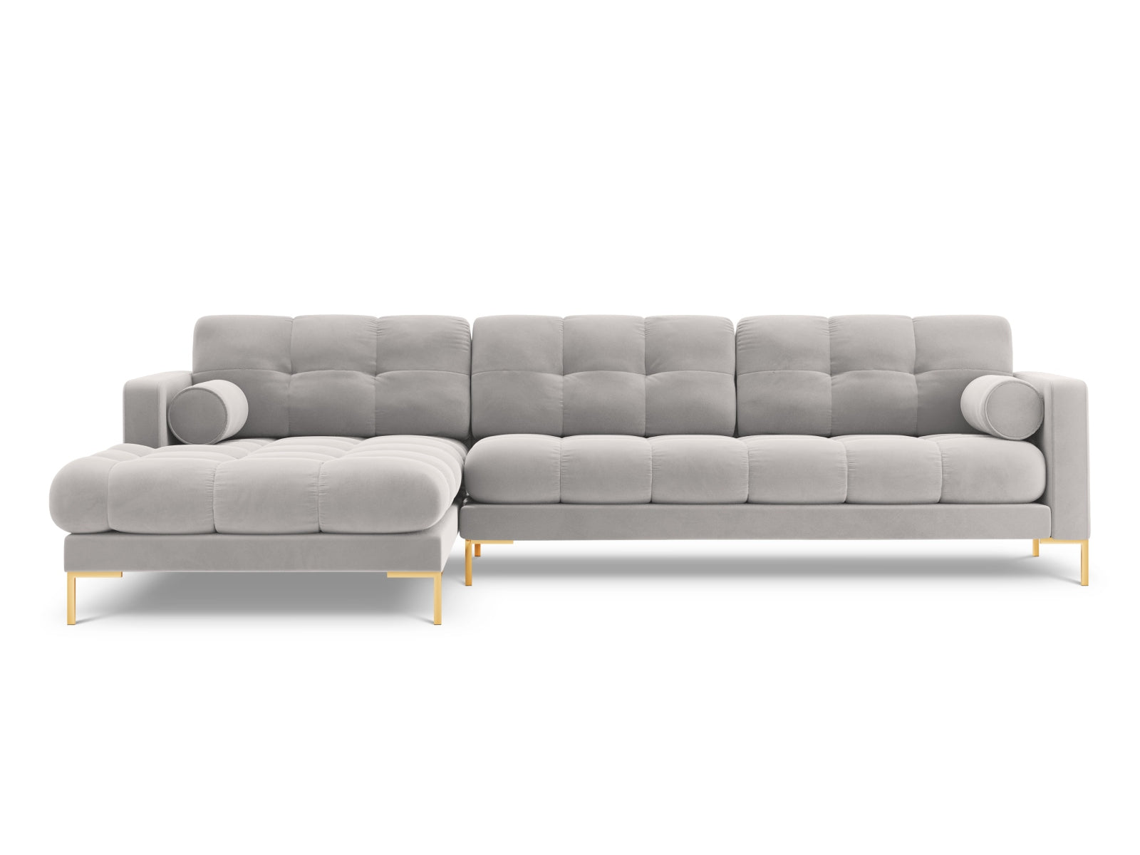 Elegantes 5-Sitzer Ecksofa links Bali in stilvollem Silver-Bluvel, ideal für gemütliche Abende und stilvolle Einrichtung.