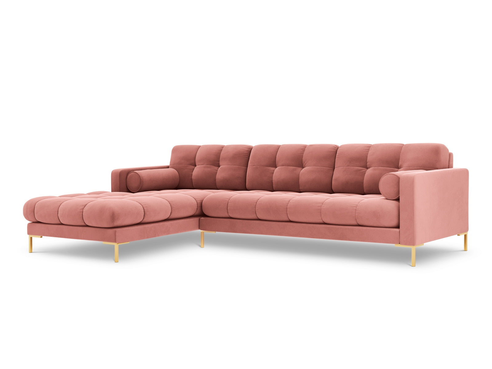 Modernes 5-Sitzer Ecksofa links Bali in auffälligem Pink-Bluvel, perfekt für stilvolle Wohnräume und entspannte Abende.