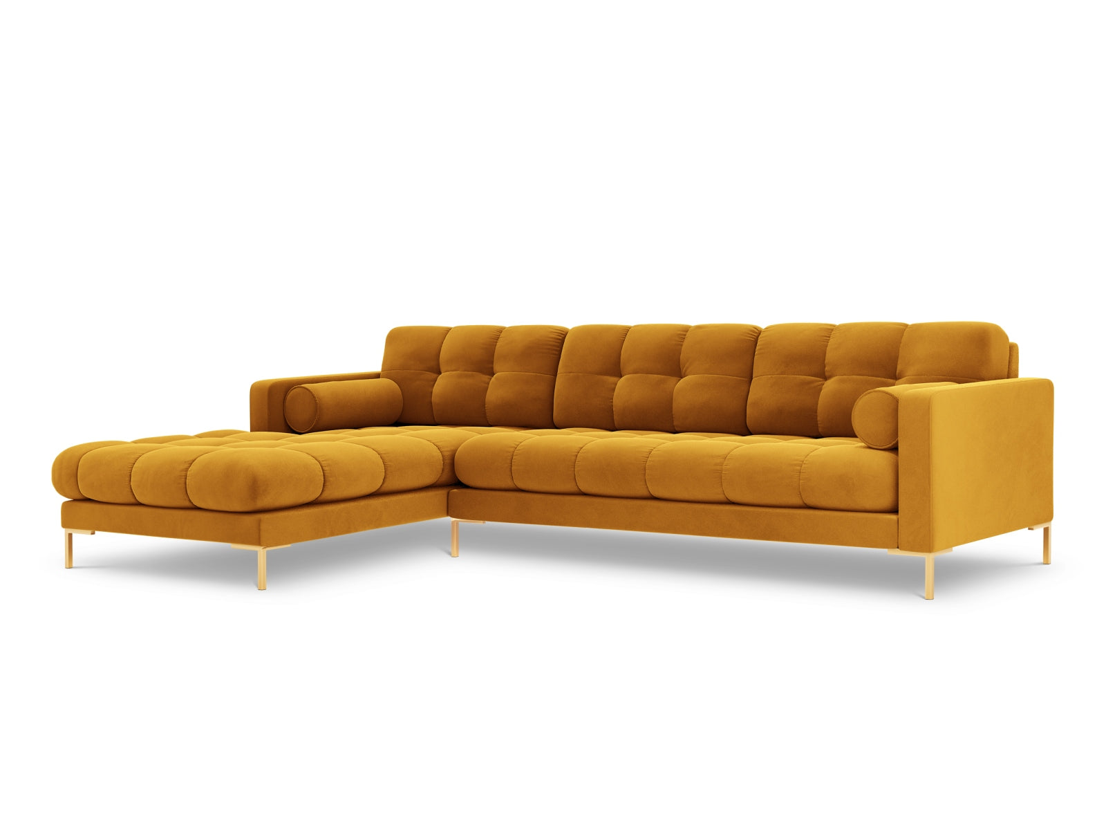 Elegantes 5-Sitzer Ecksofa links Bali in leuchtendem Gelb-Bluvel, ideal für gemütliche Abende und ein modernes Wohnambiente.
