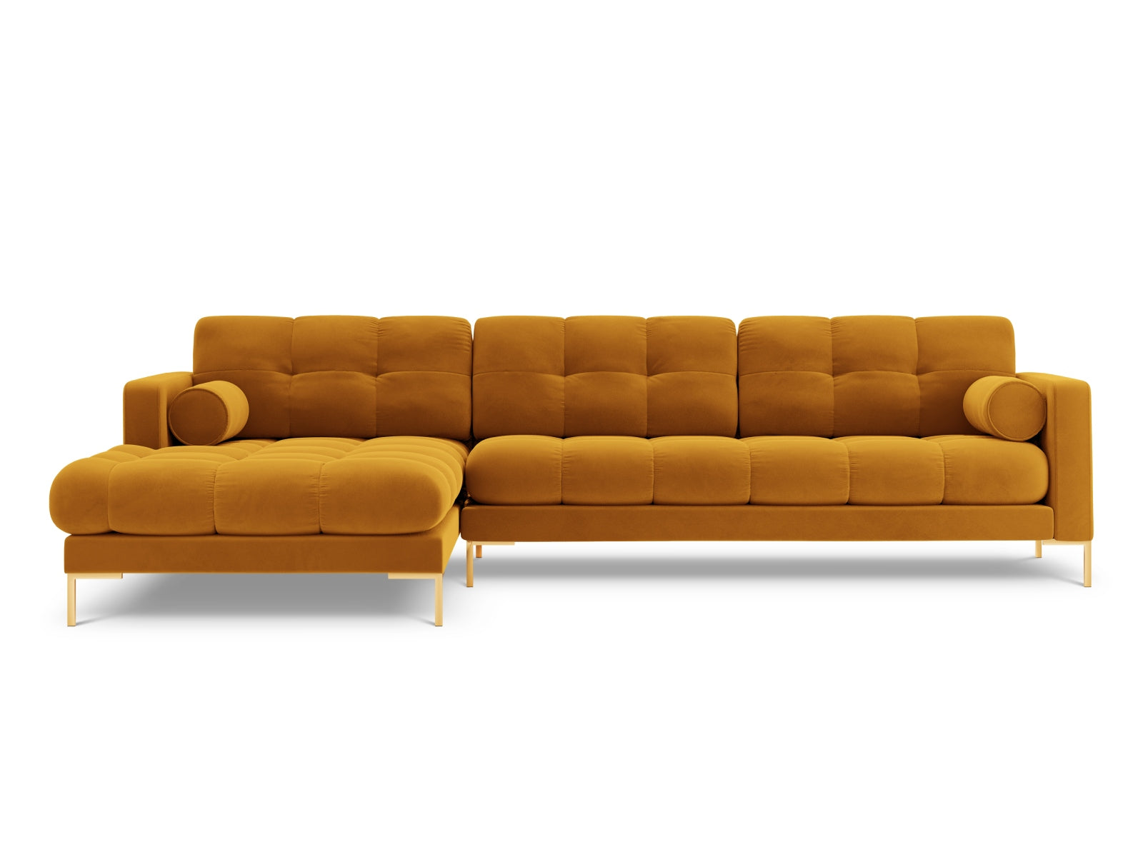 Stylisches 5-Sitzer Ecksofa links Bali in strahlendem Gelb-Bluvel, perfekt für entspannte Stunden und ein zeitgemäßes Zuhause.