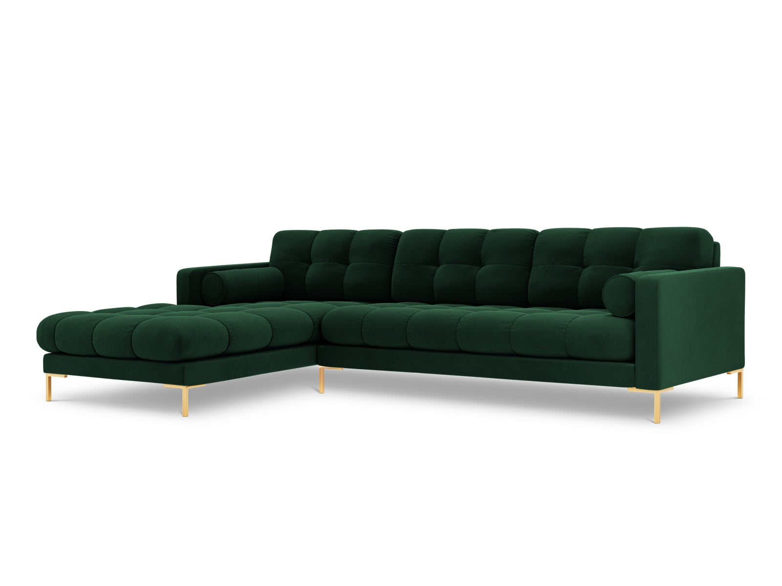 Modernes 5-Sitzer Ecksofa links Bali in luxuriösem Bottle Green-Bluvel, perfekt für gemütliche und stilvolle Wohnambiente von Cosmopolitan Design.