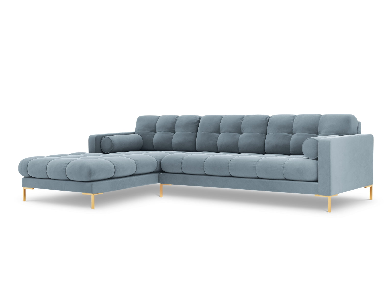 Elegantes 5-Sitzer Ecksofa links Bali in zartem Hellblau, perfekt für stilvolle und einladende Wohnbereiche von Cosmopolitan Design.