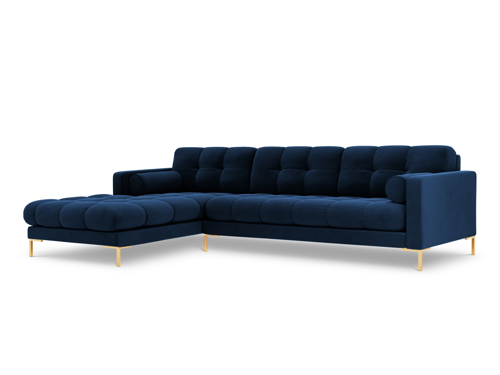 Stilvolles 5-Sitzer Ecksofa links Bali in Royal Blue-Bluvel, perfekt für gesellige Abende und zeitgemäße Einrichtung.