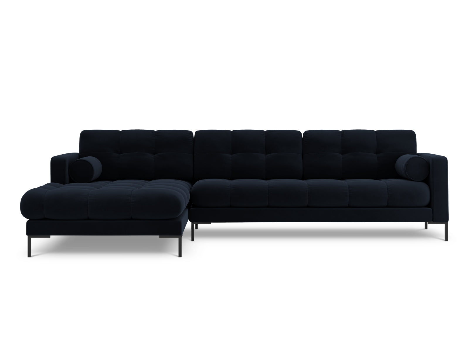 Elegantes 5-Sitzer Ecksofa links Bali in stilvollem Dunkelblau, ideal für moderne Wohnräume, erhältlich bei KAQTU Design AG.