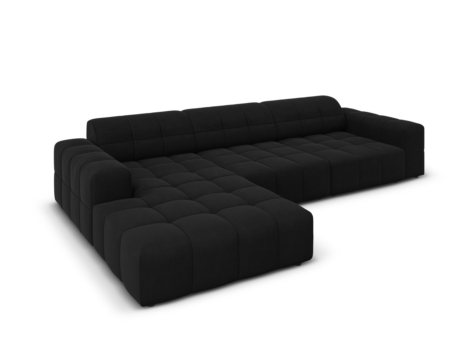 Stylisches Chicago Velour Ecksofa links, 4-Sitzer, 166 cm, in edlem Black-Bluvel, perfekt für zeitgemäße Inneneinrichtungen.