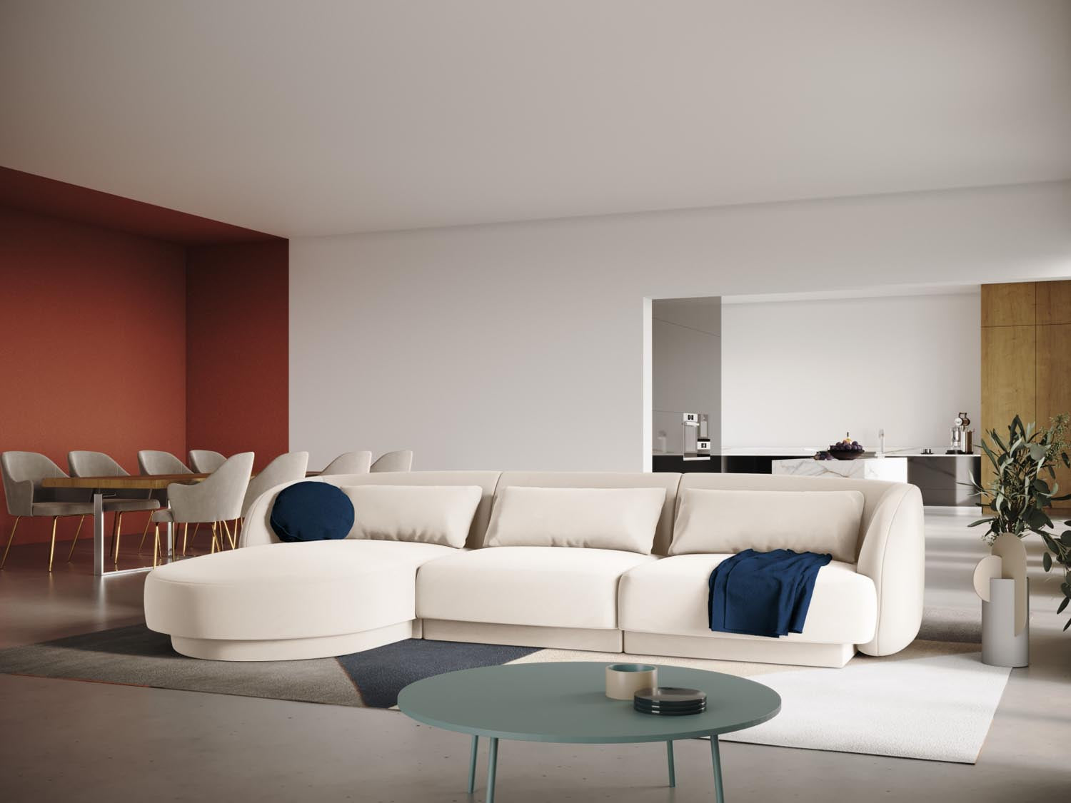 Elegantes Tulum Velour Ecksofa links in Light Beige-Bluvel, ideal für stilvolle Wohnräume. 4-Sitzer mit 156 cm, von Cosmopolitan Design.