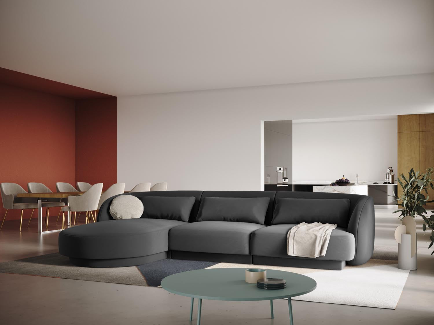 Elegantes Tulum Velour Ecksofa links in Grau-Blau, ideal für stilvolle Wohnräume. Komfortables 4-Sitzer Design von Cosmopolitan Design.
