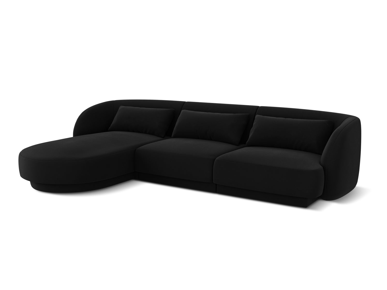 Modernes Tulum Velour Ecksofa links in edlem Schwarz-Bluvel, 4-Sitzer, perfekt für gemütliche und stilvolle Wohnambiente von Cosmopolitan Design.