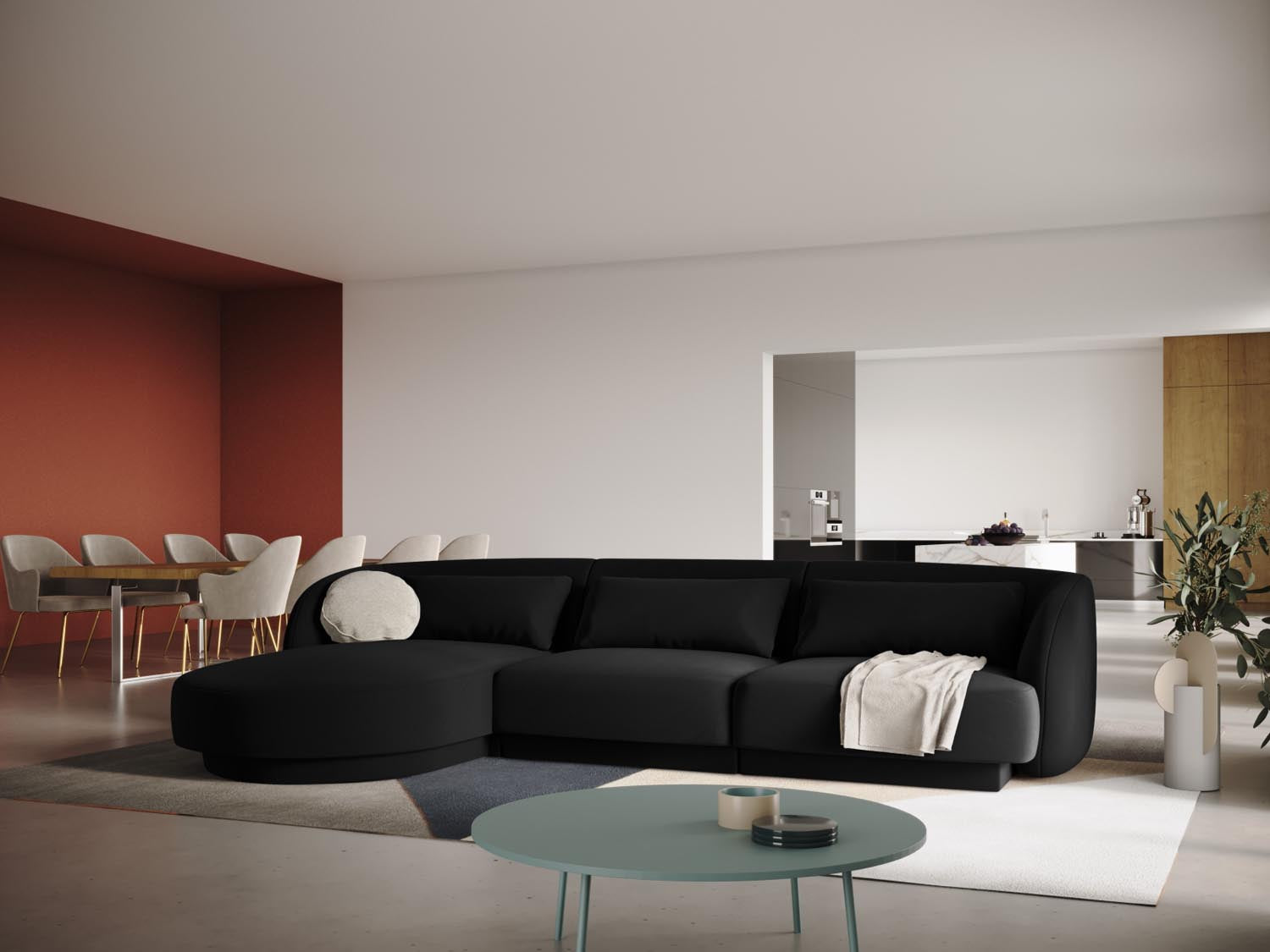 Elegantes Tulum Velour Ecksofa links in Schwarz-Bluvel, 4-Sitzer, ideal für stilvolle Wohnräume, präsentiert von Cosmopolitan Design.