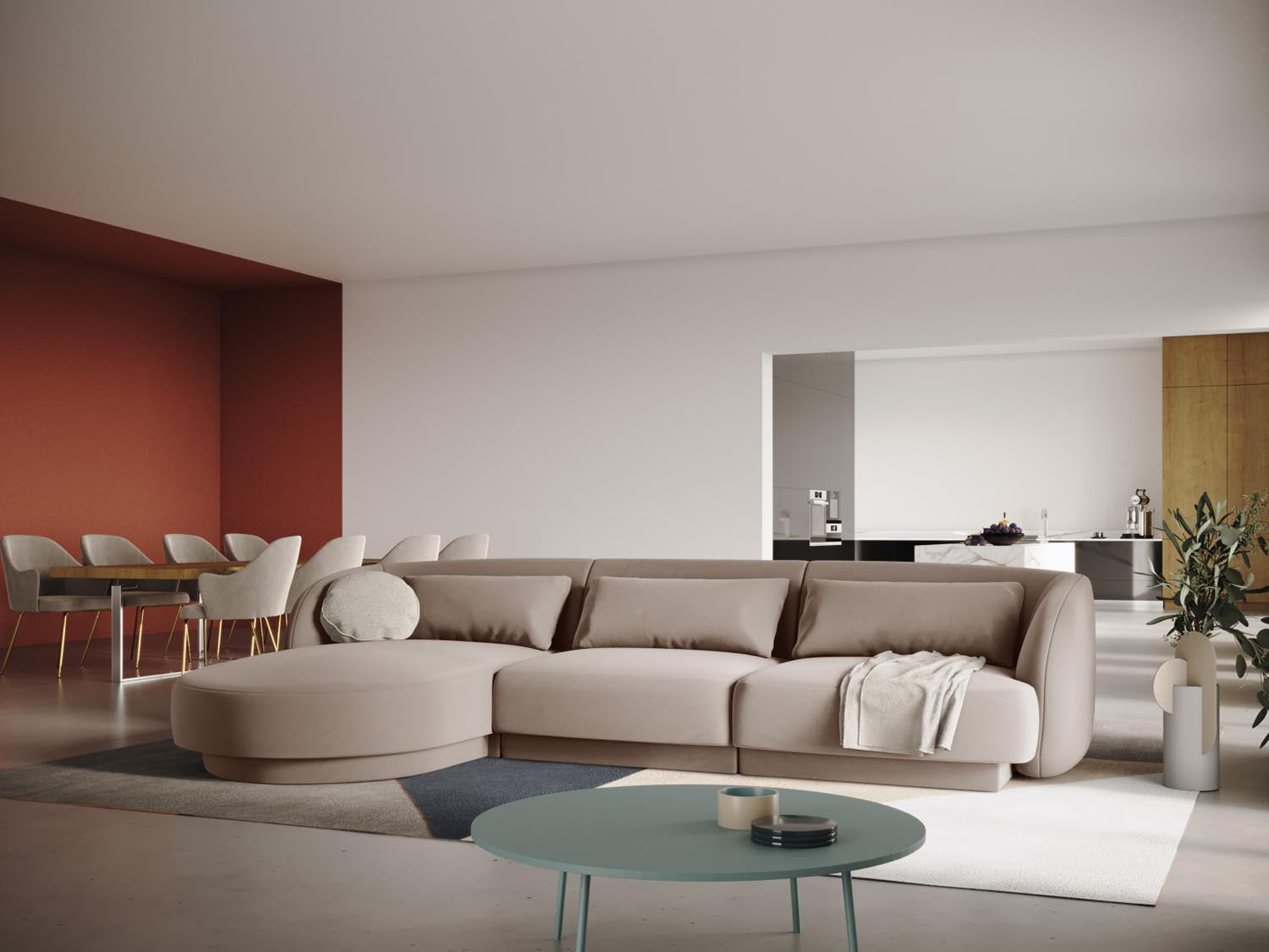 Beige-Bluvel Tulum Velour Ecksofa links, 4-Sitzer, 156 cm, stilvolles Design für modernen Wohnraum, präsentiert von KAQTU Design AG.