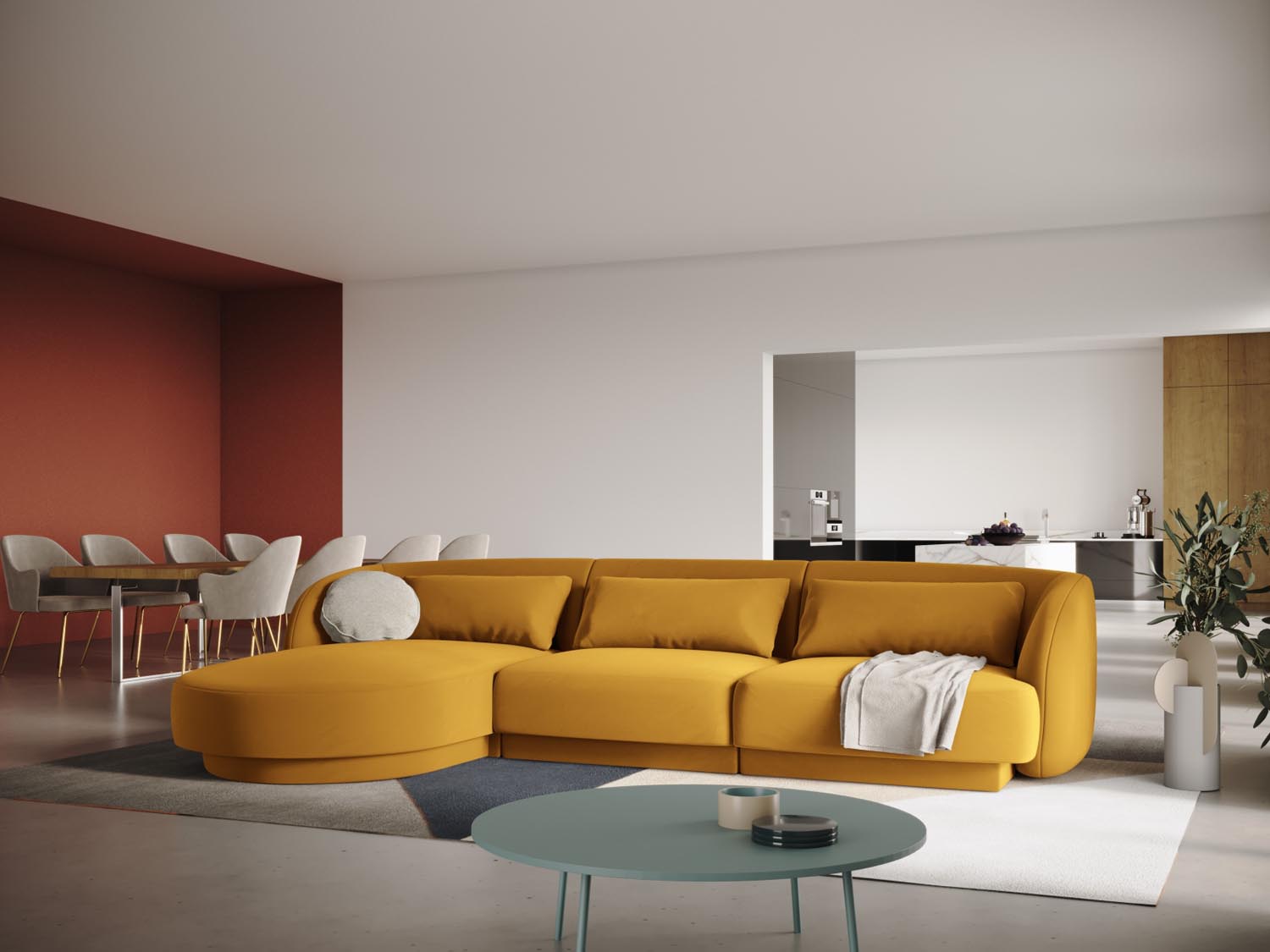 Gemütliches Tulum Velour Ecksofa in Gelb-Blau, ideal für stilvolle Wohnräume, präsentiert in einer einladenden Atmosphäre.