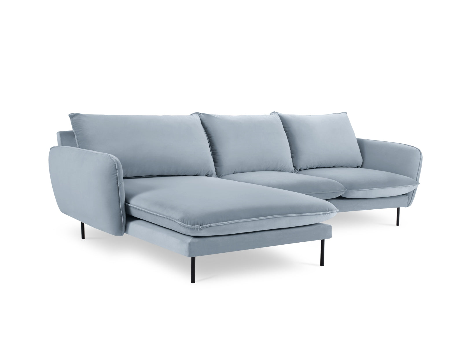 Modernes 5-Sitzer Ecksofa in sanftem Hellblau und Schwarz-Bluvel, perfekt für gemütliche und stilvolle Wohnbereiche.