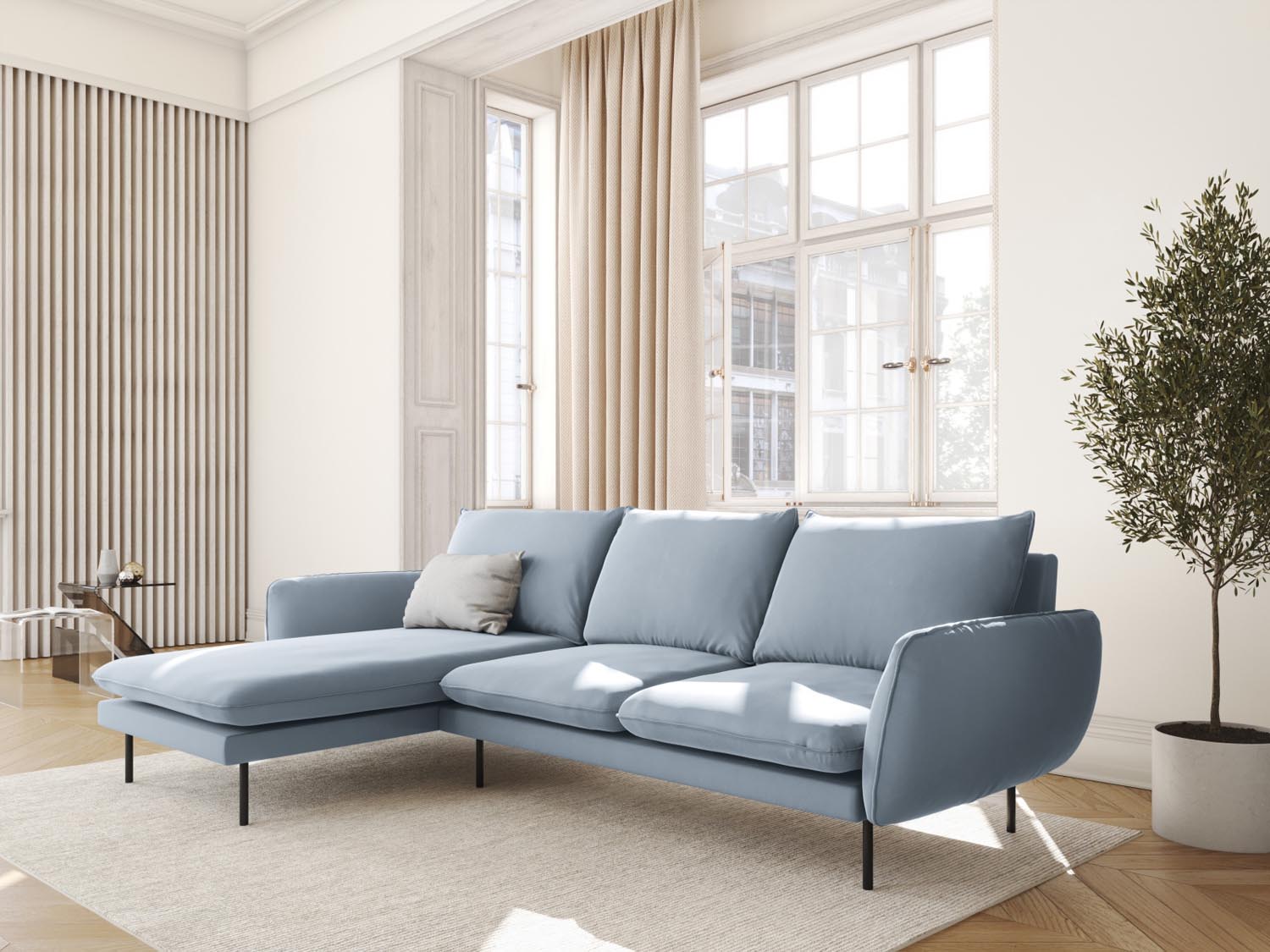 Elegantes Vienna Velour Ecksofa links in sanftem Hellblau und Schwarz-Bluvel, ideal für stilvolle Wohnräume. 5-Sitzer mit 170 cm.