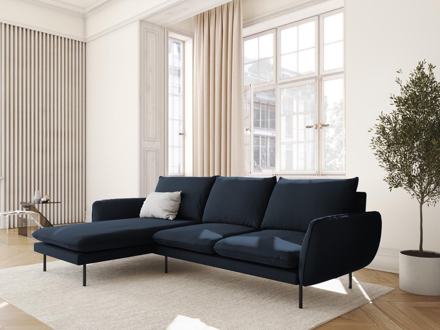 Elegantes Vienna Velour Ecksofa links in Dunkelblau, 5-Sitzer, 170 cm, ideal für stilvolle Wohnräume, präsentiert von Cosmopolitan Design.