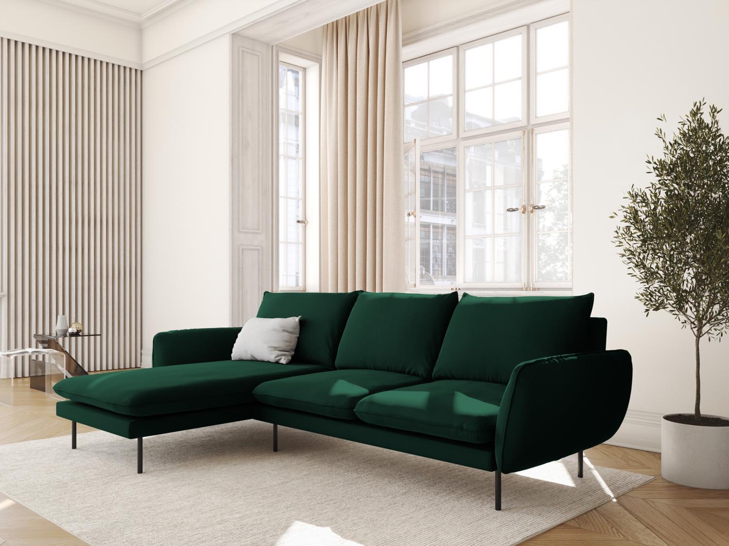 Elegantes Vienna Velour Ecksofa links in Bottle Green, 5-Sitzer mit 170 cm, ideal für stilvolle Wohnräume.