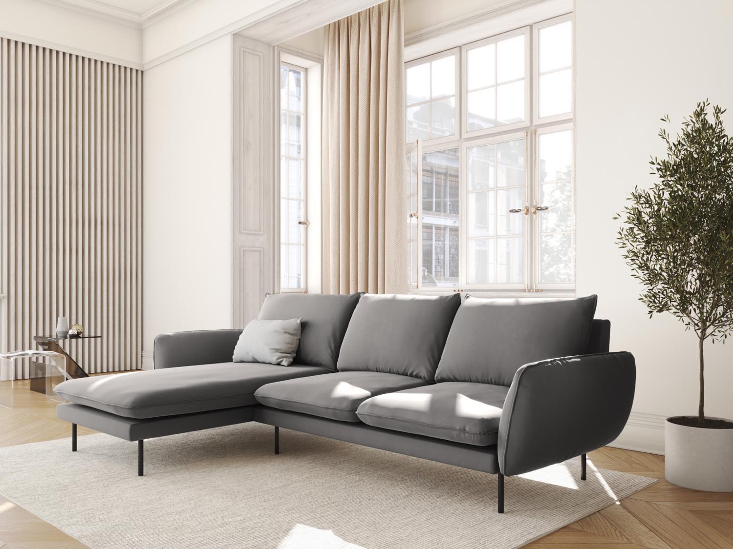 Elegantes Vienna Velour Ecksofa links in Light Grey/Schwarz-Bluvel, ideal für stilvolle Wohnräume, präsentiert in modernem Ambiente.