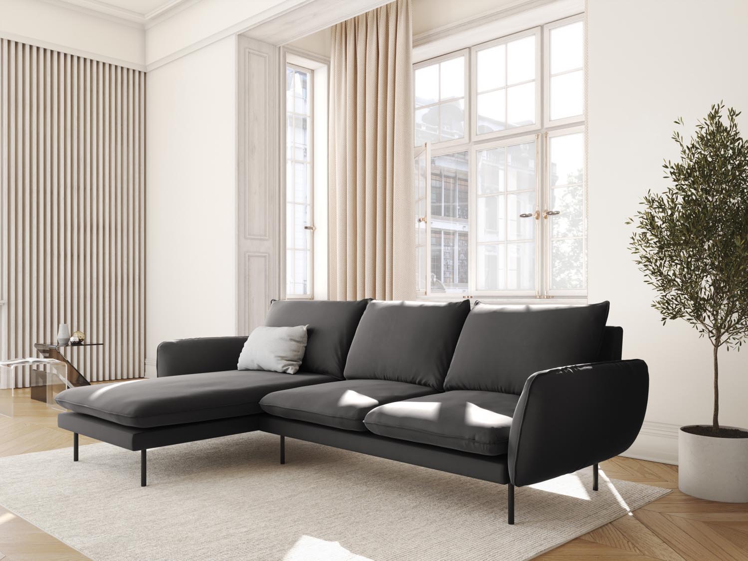 Elegantes Vienna Velour Ecksofa links in Dunkelgrau/Schwarz-Bluvel, ideal für stilvolle Wohnräume, präsentiert von Cosmopolitan Design.