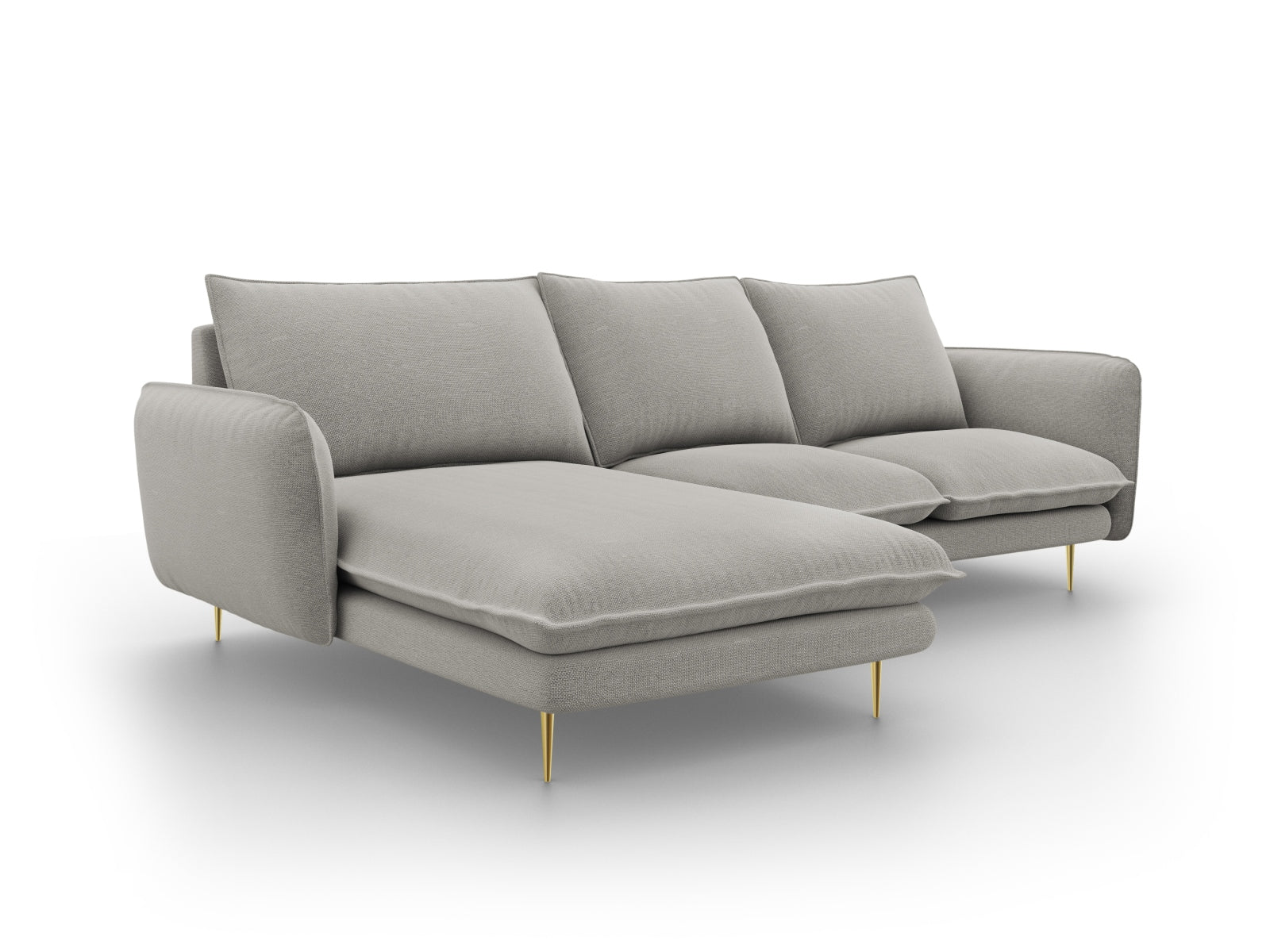 Modernes L-Sofa links, 5 Sitzer, 170cm, in hellem Grau mit luxuriösen goldenen Details, perfekt für ein elegantes Ambiente.