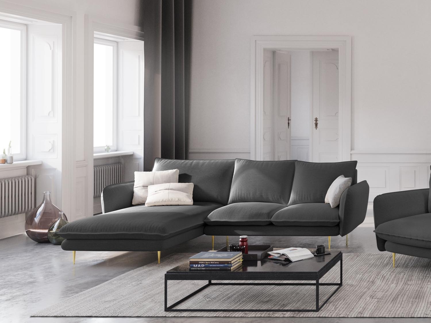 Elegantes Vienna Ecksofa links in Dunkelgrau mit goldenen Akzenten, ideal für stilvolle Wohnräume. 5-Sitzer mit 170 cm für Komfort und Design.