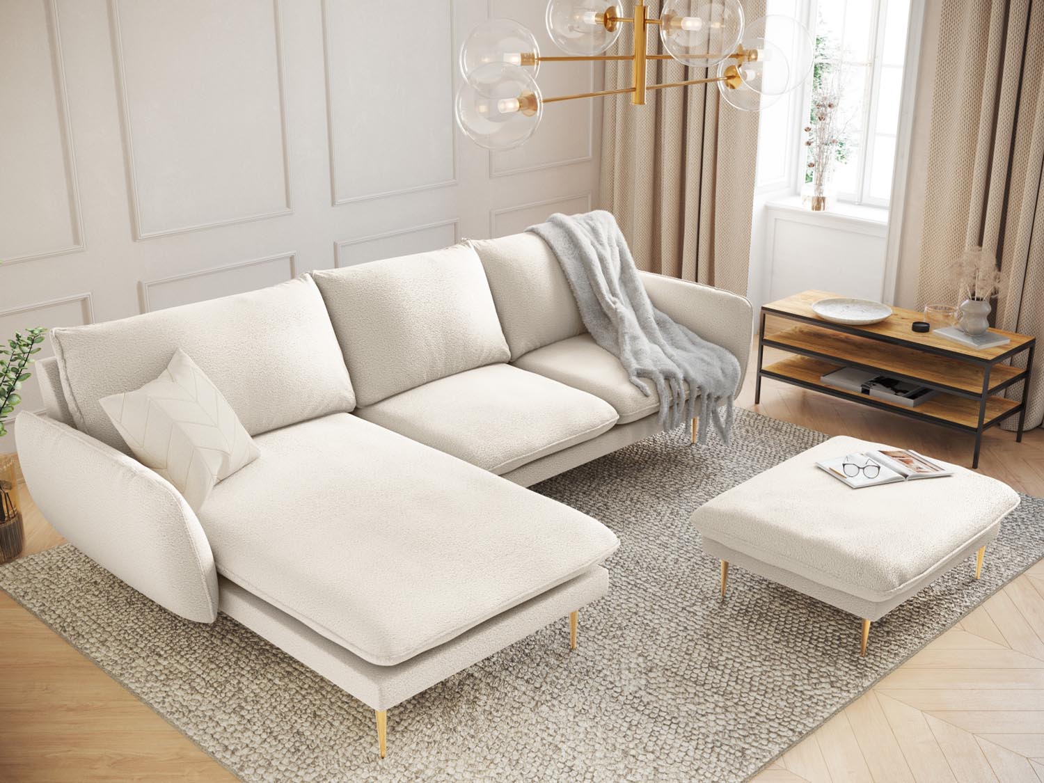 Elegantes 5-Sitzer Ecksofa in Boucle-Stoff, ideal für stilvolle Wohnzimmer. Hoher Komfort und modernes Design von Cosmopolitan Design.