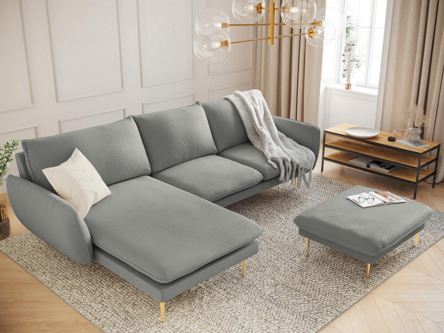 Elegantes 5-Sitzer Ecksofa in Boucle-Optik, ideal für stilvolle Wohnzimmer. Hoher Komfort und pflegeleichte Materialien für entspannte Stunden.