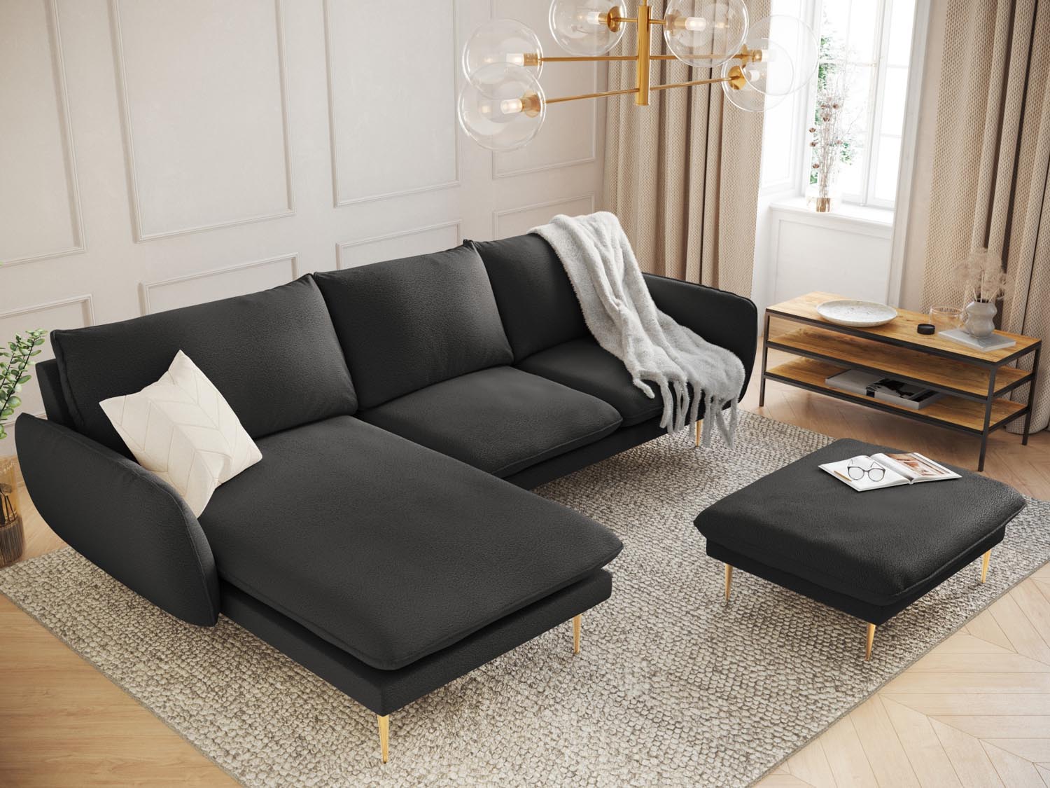 Elegantes 5-Sitzer Ecksofa in Boucle-Stoff, ideal für stilvolle Wohnzimmer. Hoher Komfort und modernes Design von Cosmopolitan Design.