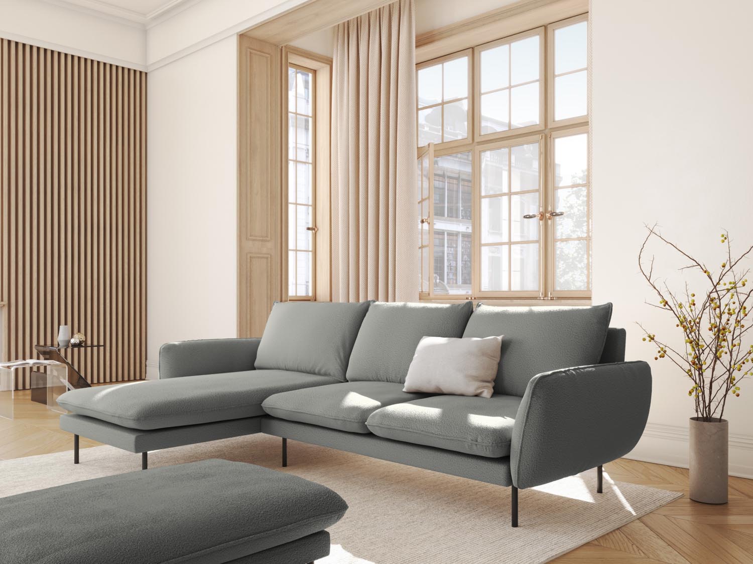 Elegantes 5-Sitzer Ecksofa in Boucle-Optik, ideal für stilvolle Wohnzimmer. Hoher Komfort und pflegeleichter Stoff für entspannte Stunden.