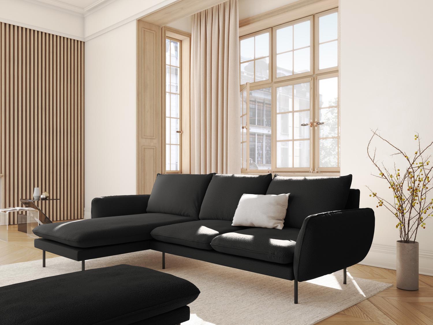 Elegantes Vienna Boucle Ecksofa in Schwarz, 5-Sitzer, linksseitig, ideal für stilvolle Wohnräume, präsentiert von Cosmopolitan Design.