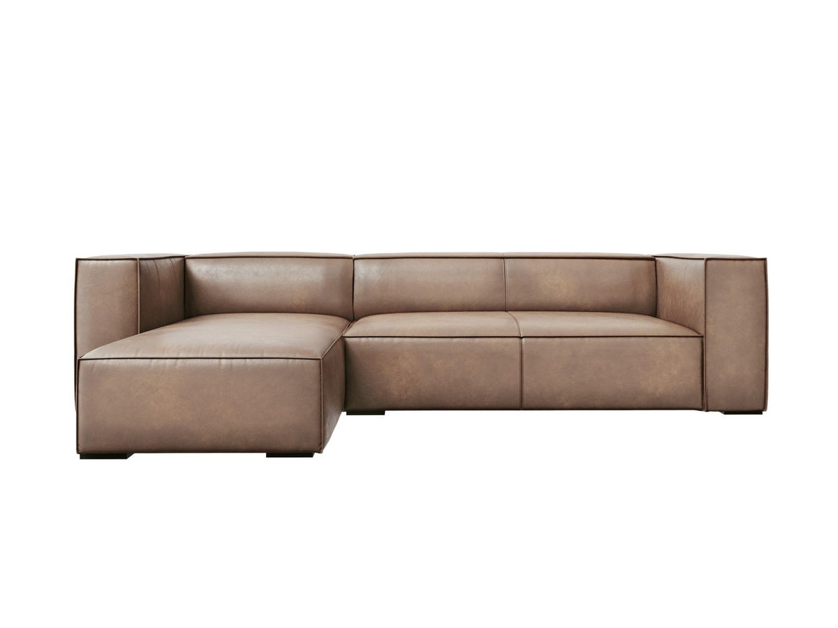 Turin Ecksofa links aus Rindsleder in Grey Brown-Granada, Massivholzrahmen, Récamiere und Holzfüsse, 5 Sitzplätze, Cosmopolitan Design