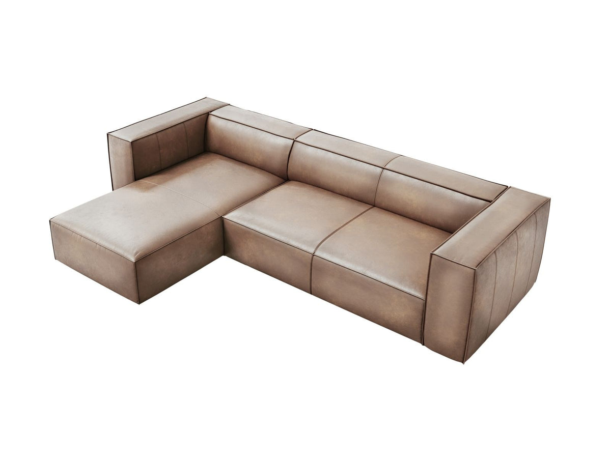Turin Ecksofa links aus Rindsleder in Grey Brown-Granada, Massivholzrahmen, Récamiere und Holzfüsse, 5 Sitzplätze, Cosmopolitan Design