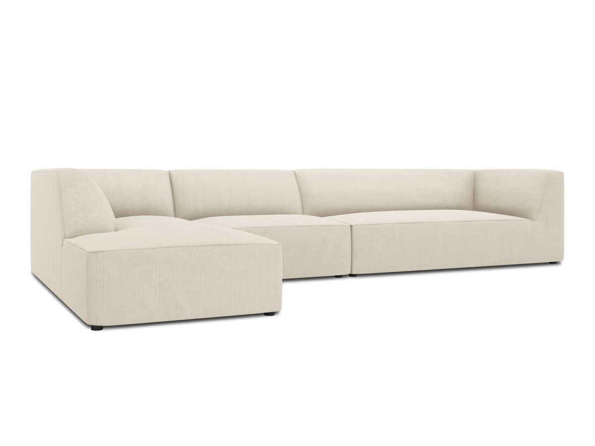 Modulares Ecksofa links Siena in Dark Grey-Scala mit strukturiertem Cordstoff, Massivholzrahmen und schwarzen Kunststoffbeinen, 5-Sitzer 180cm.
