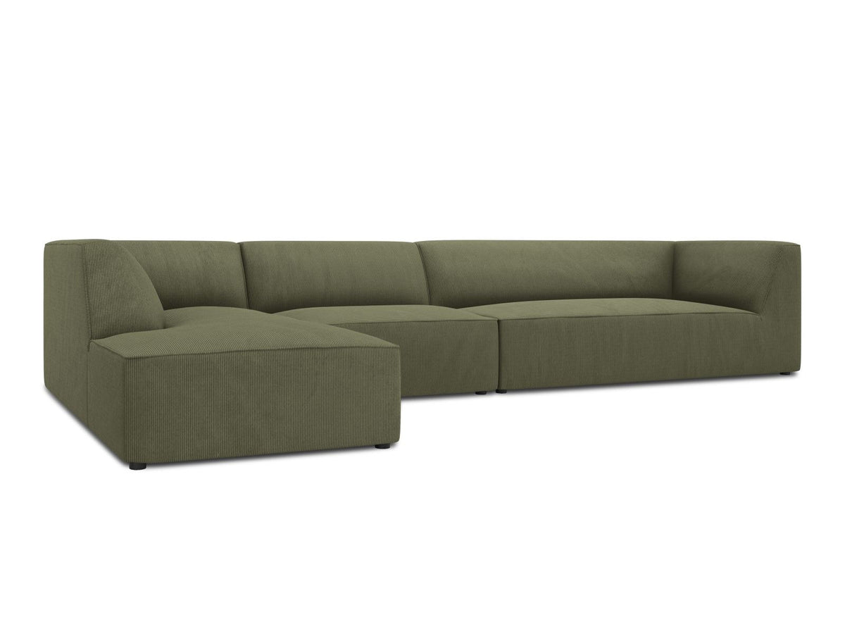 Modulares Ecksofa links Siena in Dark Grey-Scala mit strukturiertem Cordstoff, Massivholzrahmen und schwarzen Kunststoffbeinen, 5-Sitzer 180cm.