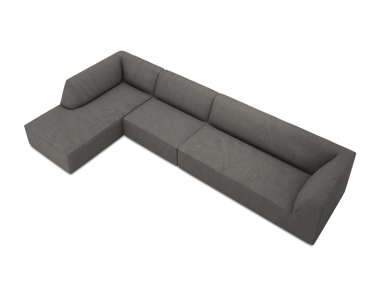 Modulares Ecksofa links Siena in Dark Grey-Scala mit strukturiertem Cordstoff, Massivholzrahmen und schwarzen Kunststoffbeinen, 5-Sitzer 180cm.